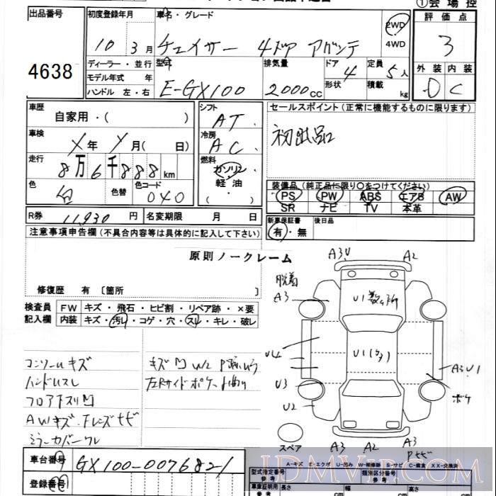 1998 TOYOTA CHASER  GX100 - 4638 - JU Ibaraki