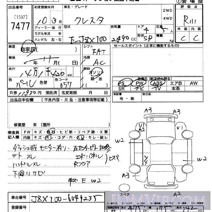 1998 TOYOTA CRESTA  JZX100 - 7477 - JU Saitama