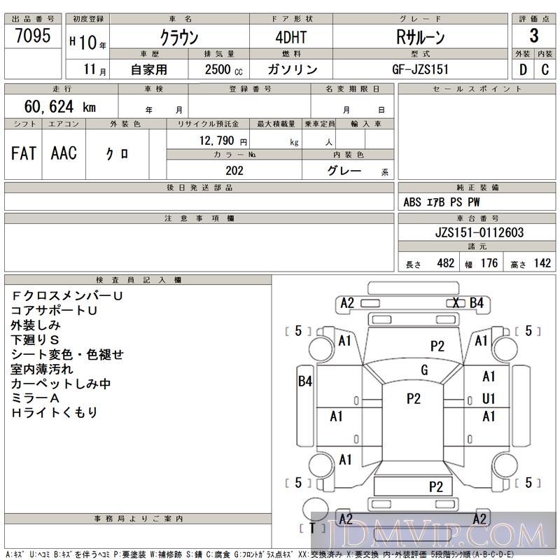 1998 TOYOTA CROWN R JZS151 - 7095 - TAA Tohoku