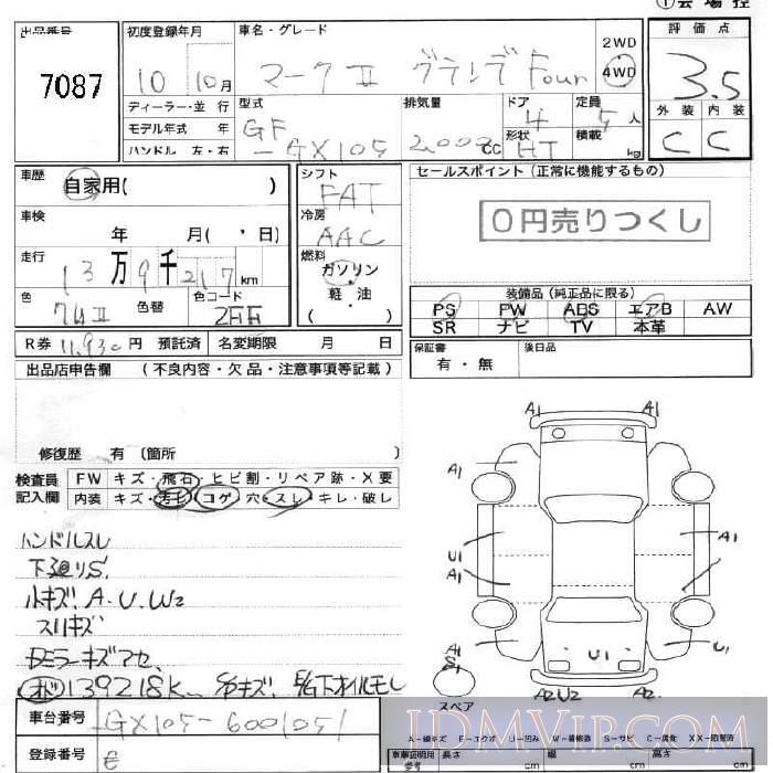 1998 TOYOTA MARK II F0UR GX105 - 7087 - JU Fukushima