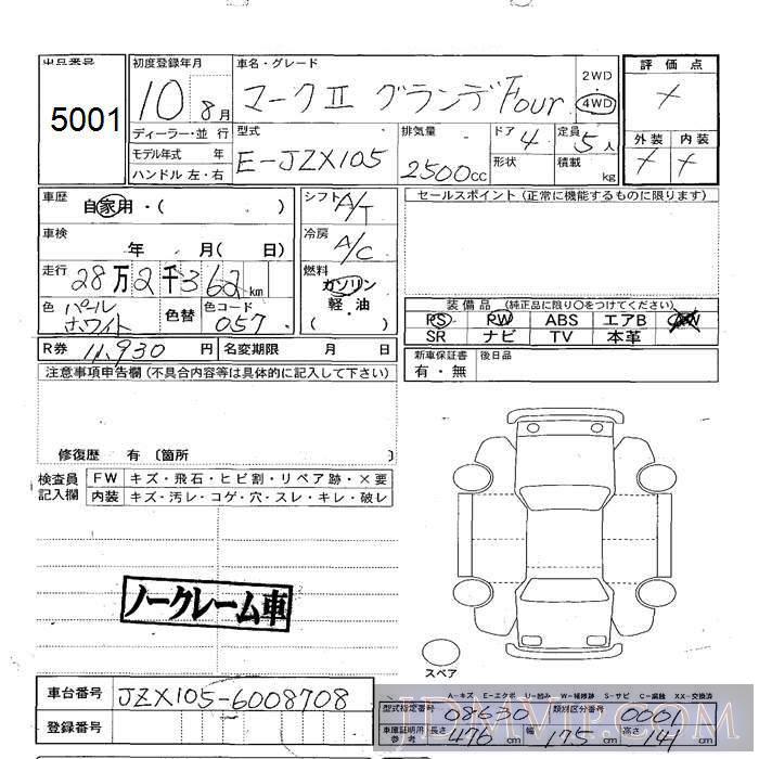 1998 TOYOTA MARK II Four JZX105 - 5001 - JU Sapporo