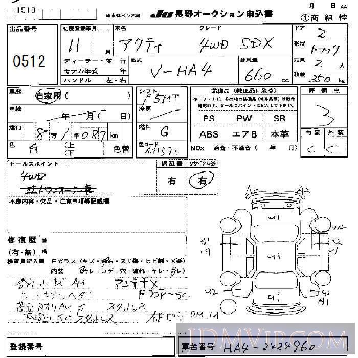 1999 HONDA ACTY TRUCK SDX_4WD HA4 - 512 - JU Nagano