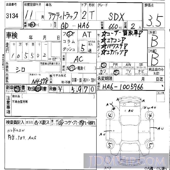 1999 HONDA ACTY TRUCK SDX HA6 - 3134 - LAA Okayama