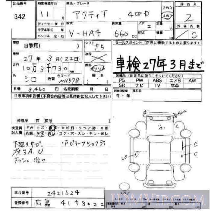 1999 HONDA ACTY TRUCK  HA4 - 342 - JU Hiroshima