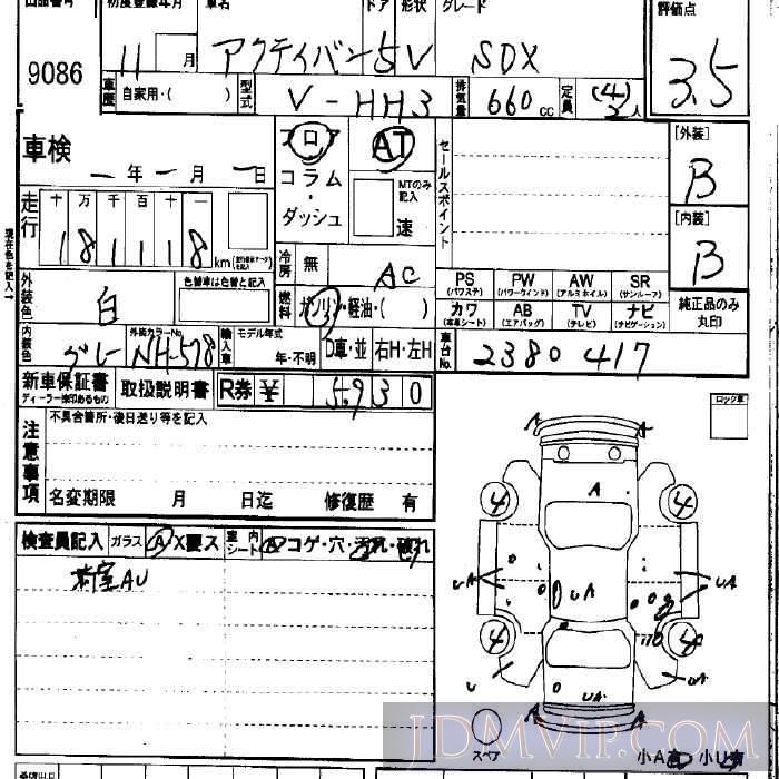 1999 HONDA ACTY VAN SDX HH3 - 9086 - LAA Okayama