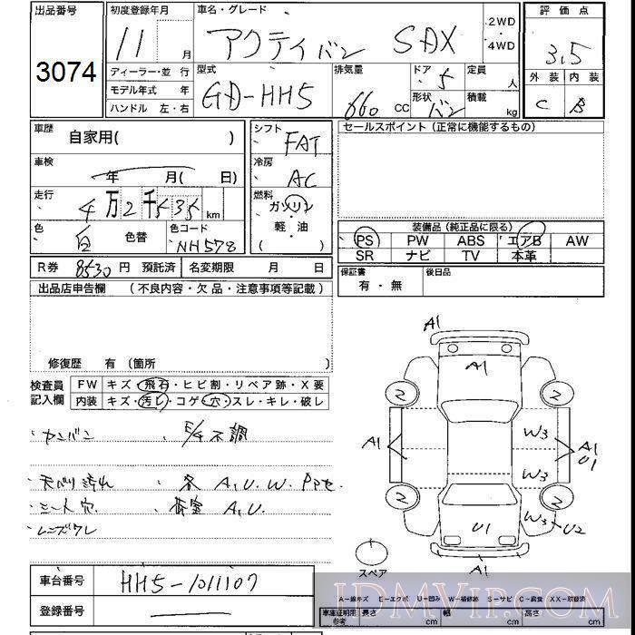 1999 HONDA ACTY VAN SDX HH5 - 3074 - JU Shizuoka