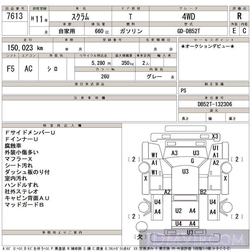 1999 MAZDA SCRUM TRUCK 4WD DB52T - 7613 - TAA Hiroshima