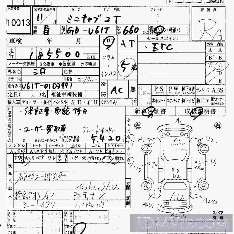 1999 MITSUBISHI MINICAB TRUCK  U61T - 10013 - HAA Kobe