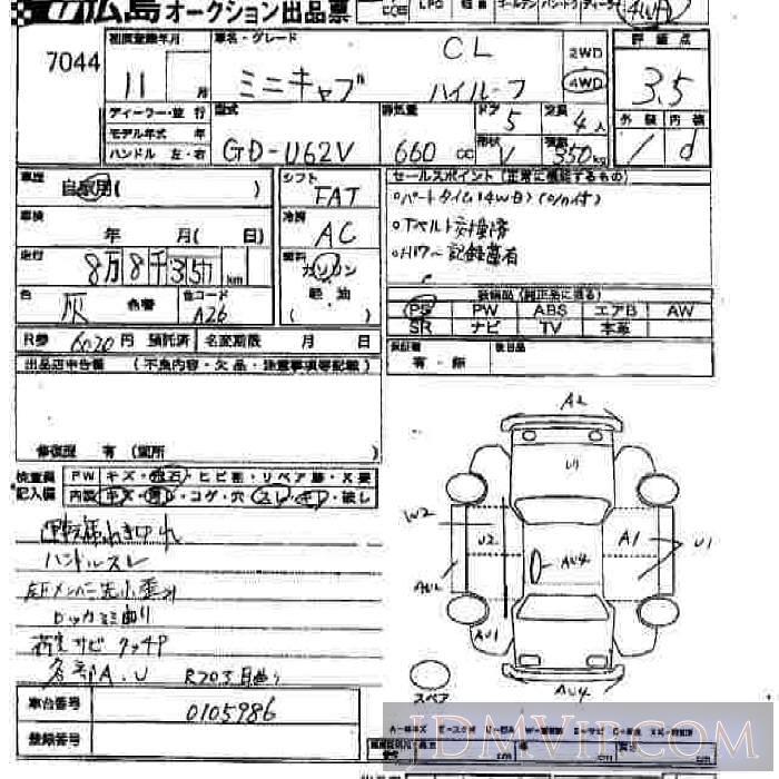 1999 MITSUBISHI MINICAB VAN CL_ U62V - 7044 - JU Hiroshima