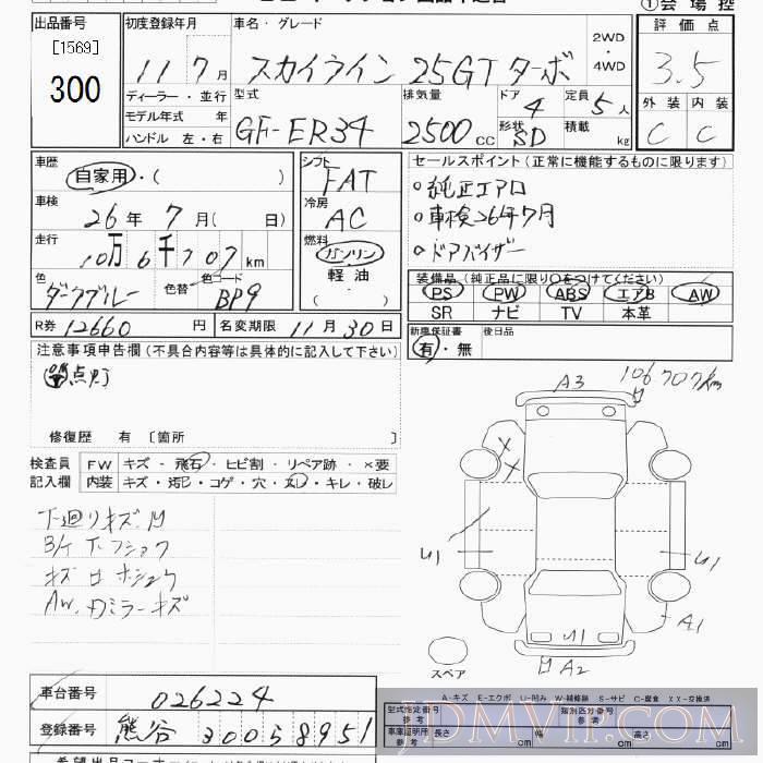 1999 NISSAN SKYLINE 25GT ER34 - 300 - JU Tokyo