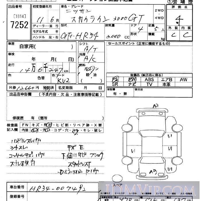 1999 NISSAN SKYLINE GT HR34 - 7252 - JU Saitama