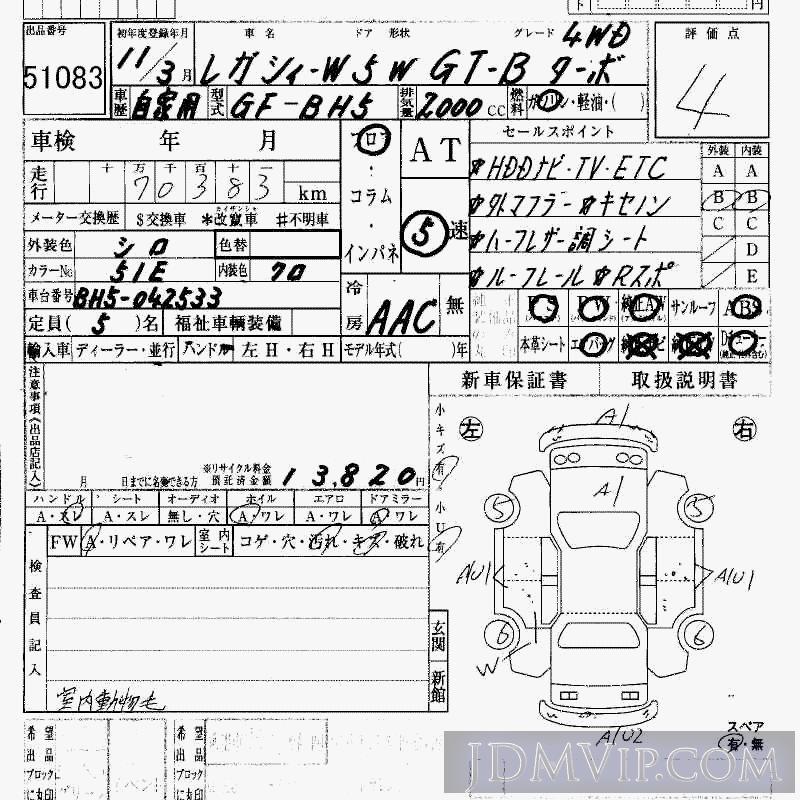1999 SUBARU LEGACY 4WD_GT-B_TB BH5 - 51083 - HAA Kobe