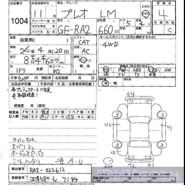 1999 SUBARU PLEO LM RA2 - 1004 - JU Shizuoka
