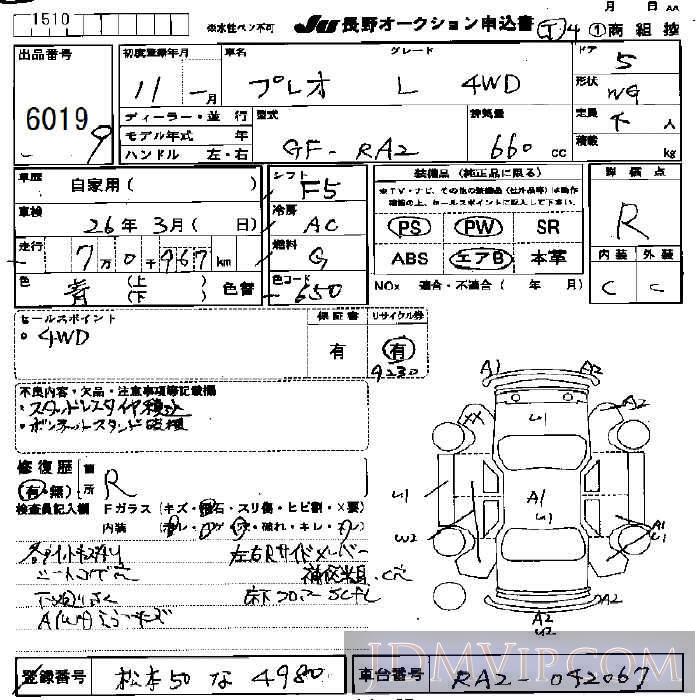 1999 SUBARU PLEO L_4WD RA2 - 6019 - JU Nagano