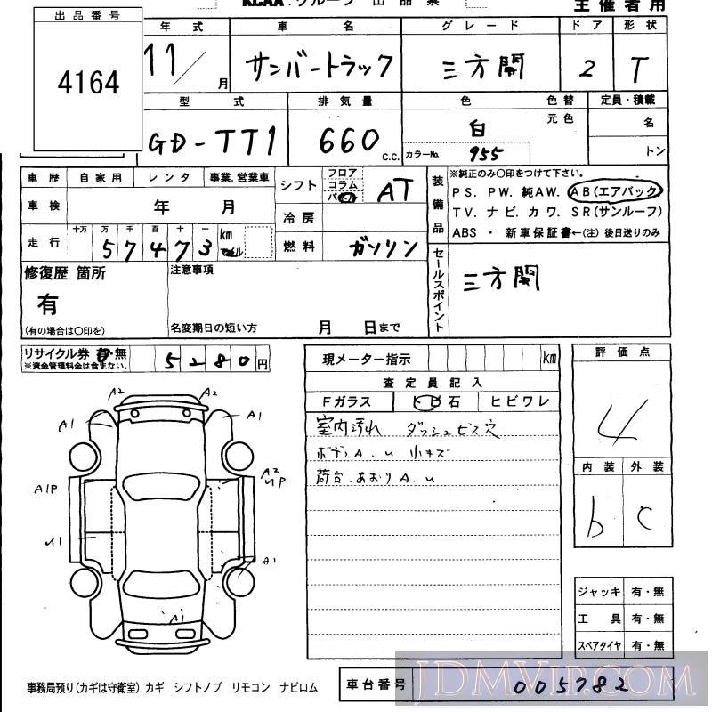 1999 SUBARU SAMBAR 3 TT1 - 4164 - KCAA Fukuoka