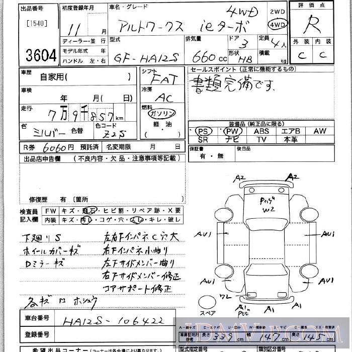 1999 SUZUKI ALTO IE__4WD HA12S - 3604 - JU Kanagawa
