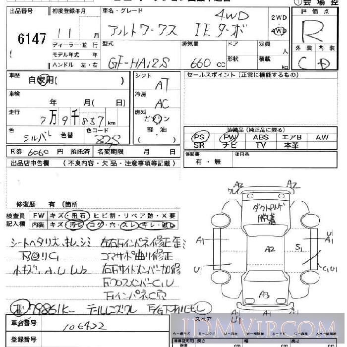 1999 SUZUKI ALTO IE_ HA12S - 6147 - JU Fukushima