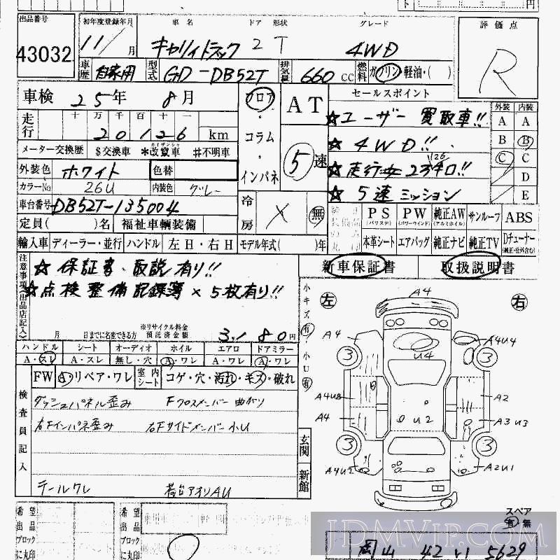 1999 SUZUKI CARRY TRUCK 4WD DB52T - 43032 - HAA Kobe