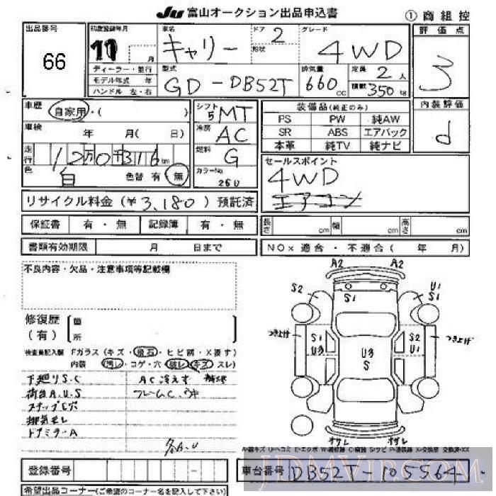 1999 SUZUKI CARRY TRUCK 4WD DB52T - 66 - JU Toyama
