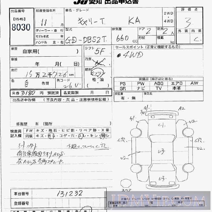 1999 SUZUKI CARRY TRUCK KA_4WD DB52T - 8030 - JU Aichi