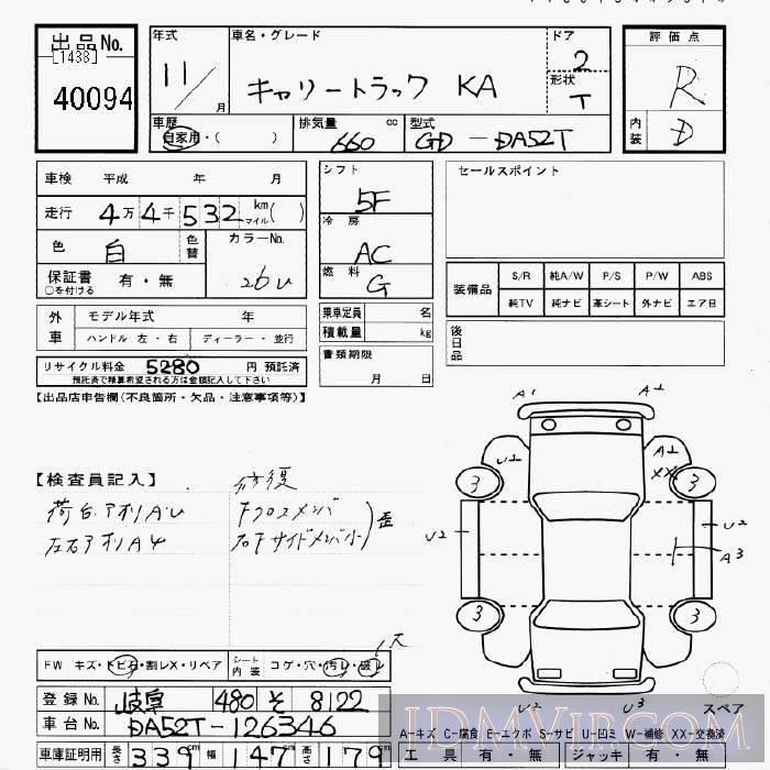 1999 SUZUKI CARRY TRUCK KA DA52T - 40094 - JU Gifu