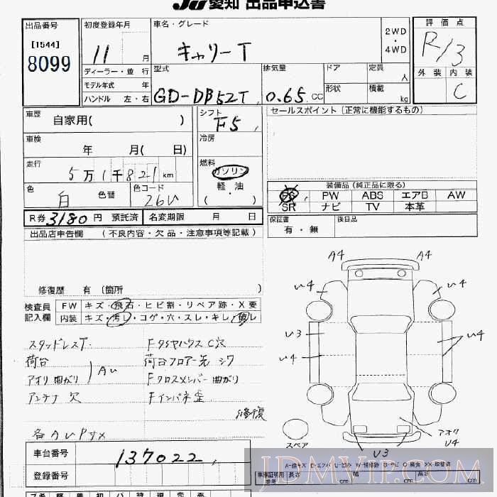1999 SUZUKI CARRY TRUCK  DB52T - 8099 - JU Aichi