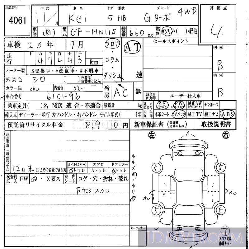 1999 SUZUKI KEI G_TB_4WD HN11S - 4061 - IAA Osaka - 731784 Japanese