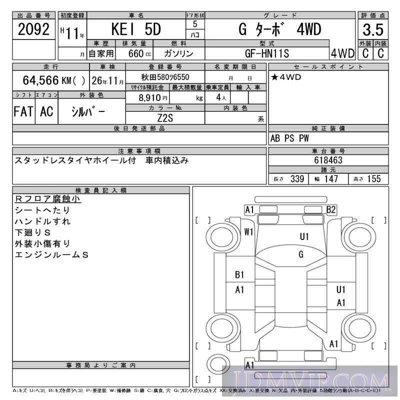 1999 SUZUKI KEI G__4WD HN11S - 2092 - CAA Tohoku
