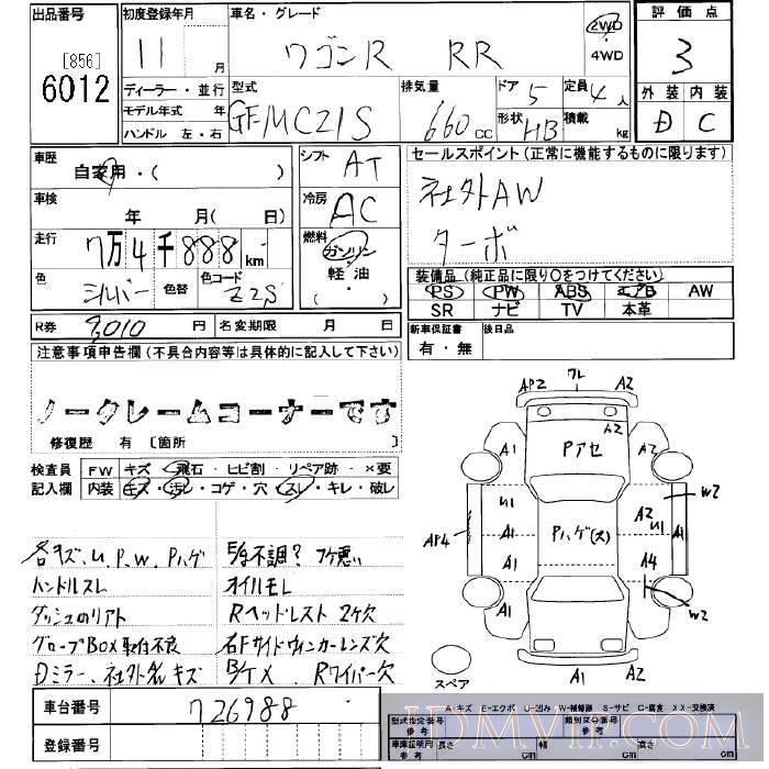 1999 SUZUKI WAGON R  MC21S - 6012 - JU Yamanashi