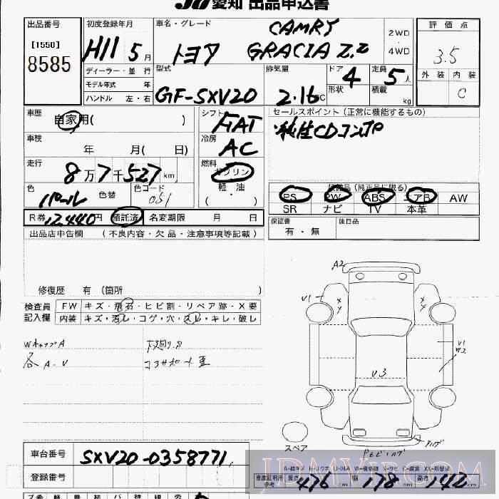 1999 TOYOTA CAMRY  SXV20 - 8585 - JU Aichi