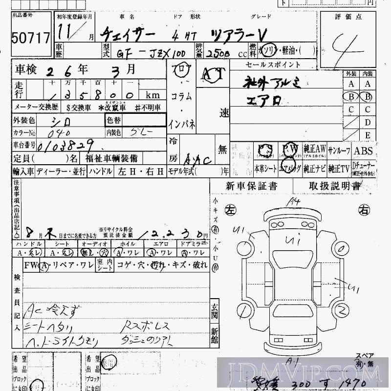 1999 TOYOTA CHASER V JZX100 - 50717 - HAA Kobe
