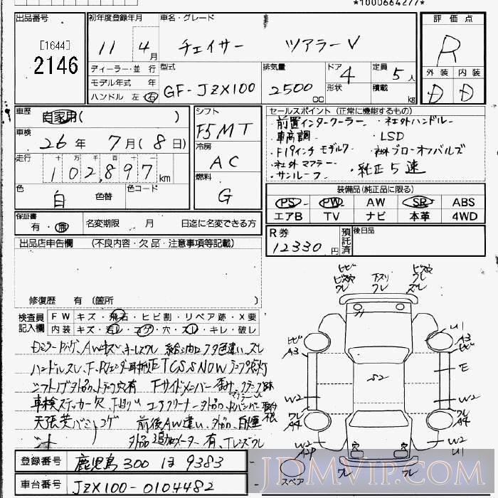 1999 TOYOTA CHASER V JZX100 - 2146 - JU Fukuoka
