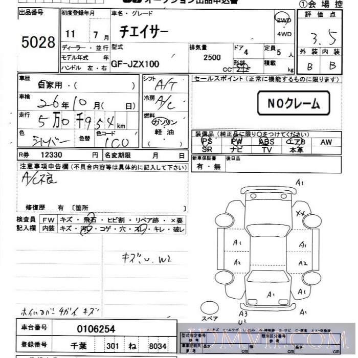 1999 TOYOTA CHASER  JZX100 - 5028 - JU Chiba
