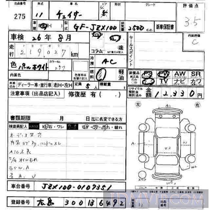 1999 TOYOTA CHASER  JZX100 - 275 - JU Hiroshima
