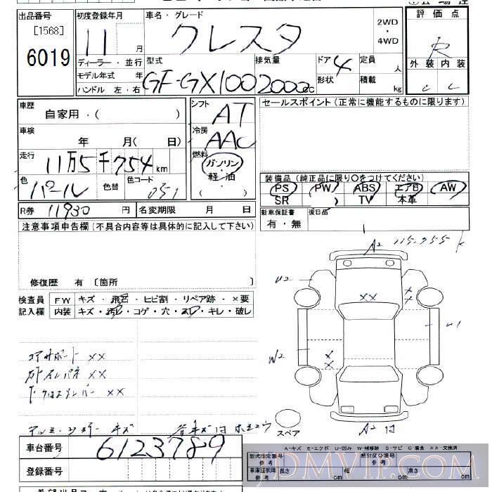 1999 TOYOTA CRESTA  GX100 - 6019 - JU Tokyo