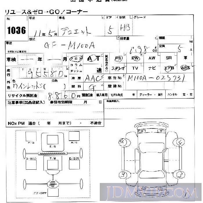 1999 TOYOTA DUET  M100A - 1036 - JU Nara