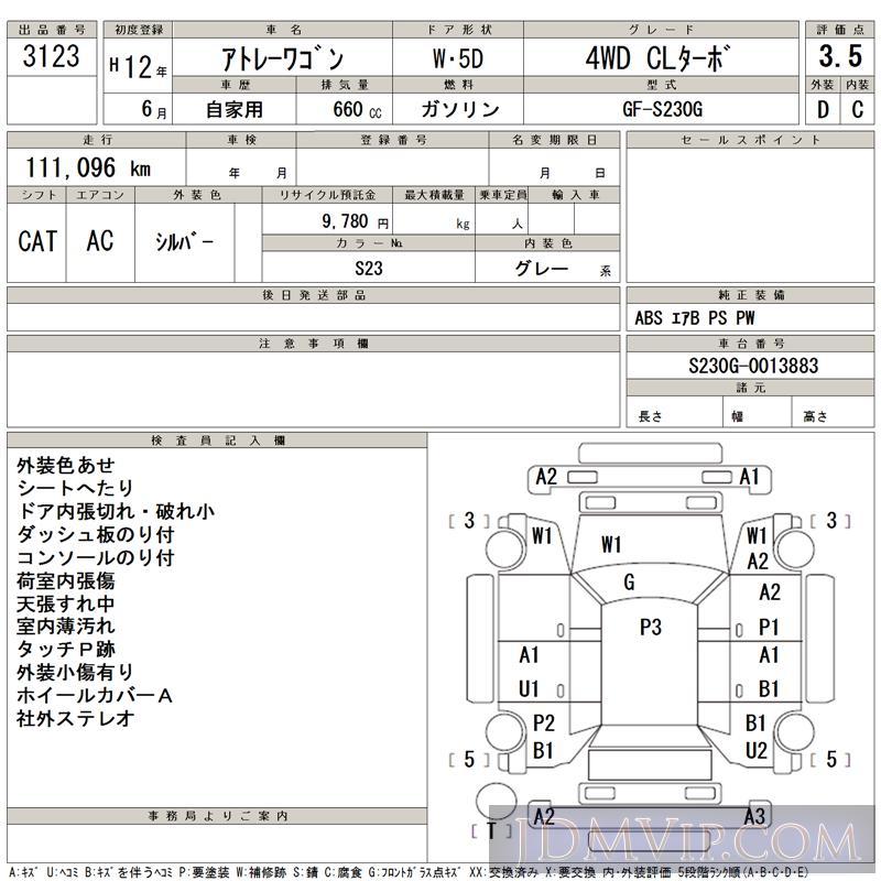 2000 DAIHATSU ATRAI WAGON 4WD_CL S230G - 3123 - TAA Hiroshima