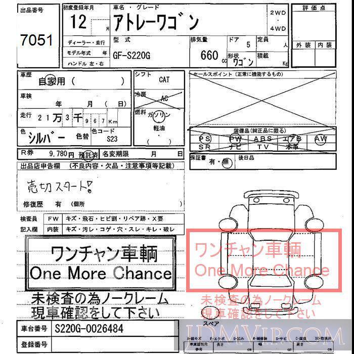 2000 DAIHATSU ATRAI WAGON  S220G - 7051 - JU Shizuoka