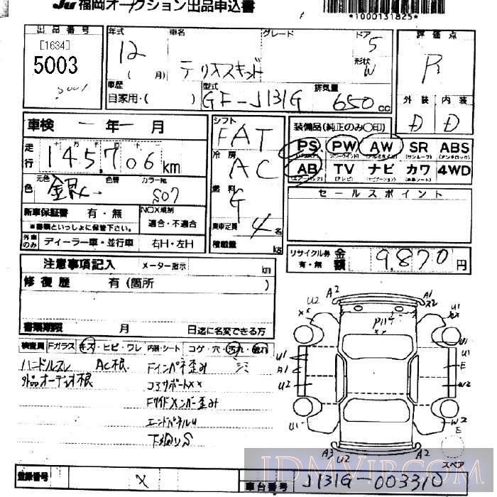 2000 DAIHATSU TERIOS KID  J131G - 5003 - JU Fukuoka