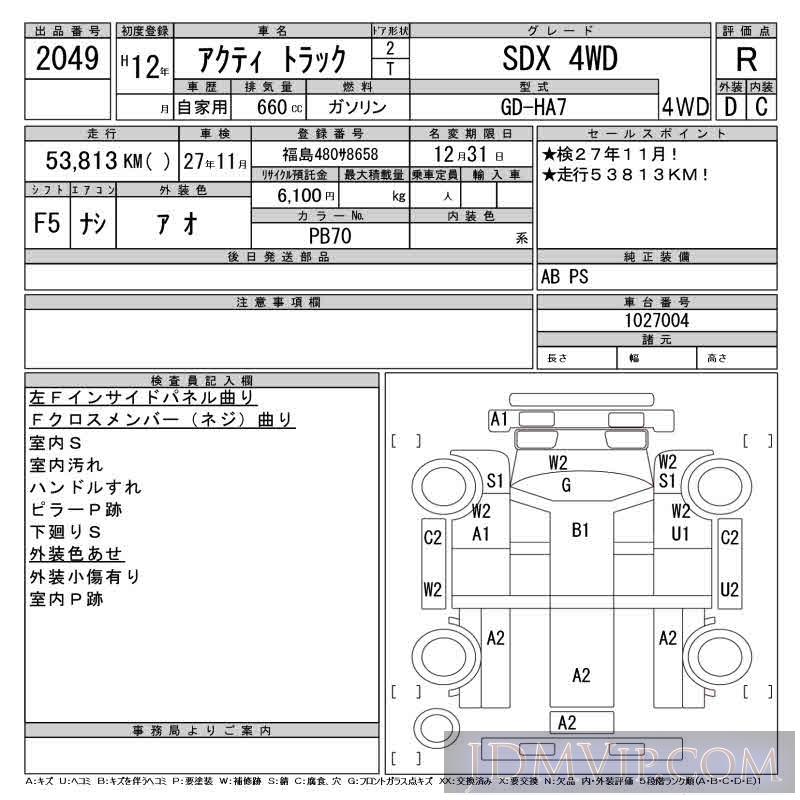 2000 HONDA ACTY TRUCK SDX_4WD HA7 - 2049 - CAA Tohoku
