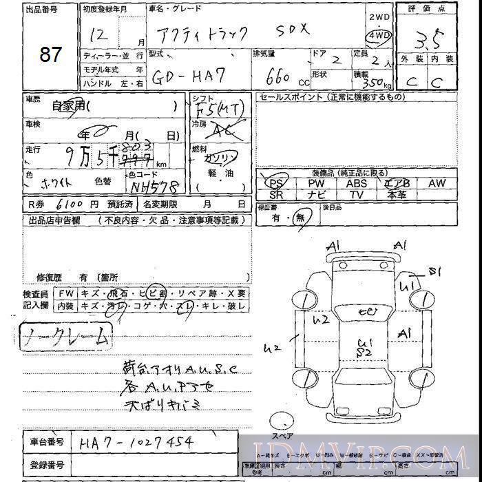 2000 HONDA ACTY TRUCK SDX HA7 - 87 - JU Shizuoka