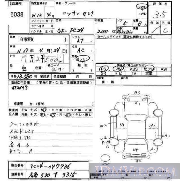 2000 NISSAN SERENA  PC24 - 6038 - JU Hiroshima