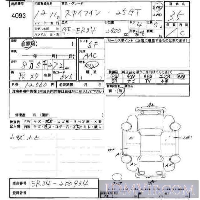 2000 NISSAN SKYLINE 25GT ER34 - 4093 - JU Hiroshima