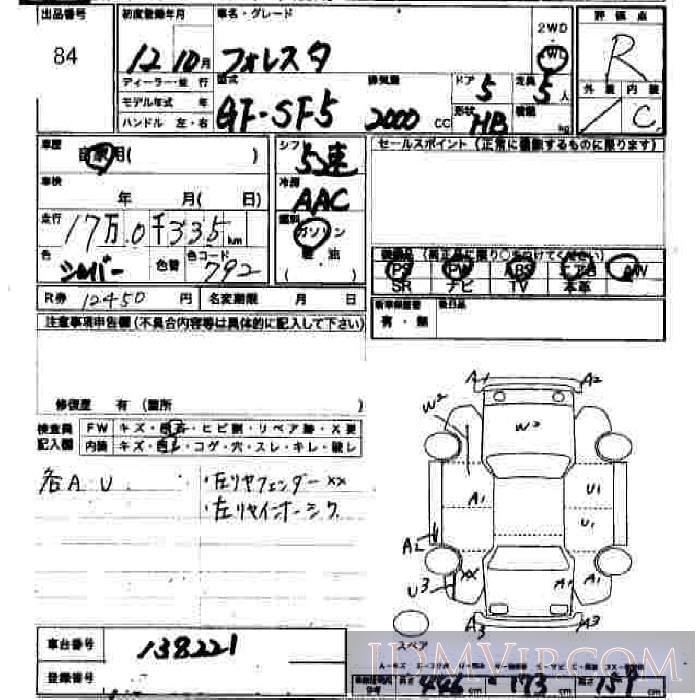 2000 SUBARU FORESTER  SF5 - 84 - JU Hiroshima
