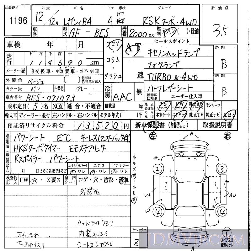 2000 SUBARU LEGACY B4 RSK_TB_4WD BE5 - 1196 - IAA Osaka