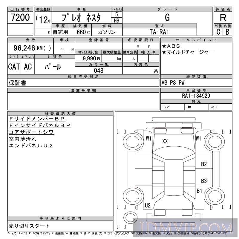 2000 SUBARU PLEO G RA1 - 7200 - CAA Gifu