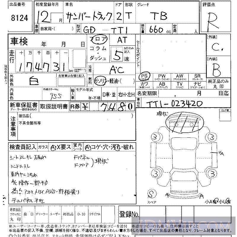 2000 SUBARU SAMBAR TB TT1 - 8124 - LAA Shikoku
