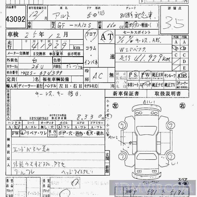2000 SUZUKI ALTO 80 HA12S - 43092 - HAA Kobe
