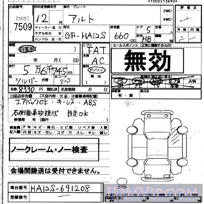 2000 SUZUKI ALTO  HA12S - 7509 - JU Fukuoka