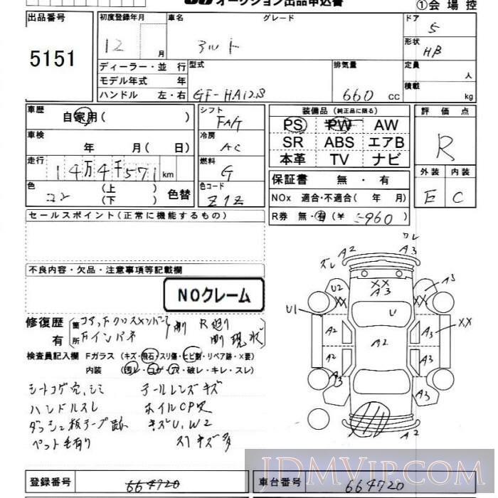 2000 SUZUKI ALTO  HA12S - 5151 - JU Chiba